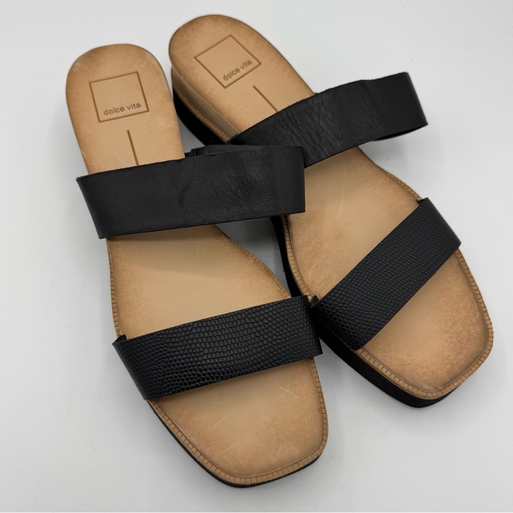 Dolce Vita Paci Black Leather Double Strap wood Wedge Sandals boho chic size 9.5